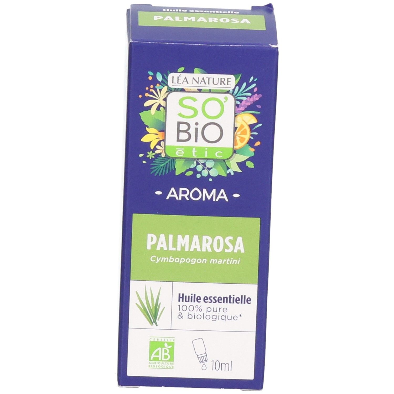 Boîte bleue et blanche d'huile essentielle de palmarosa. Inscription: So'Bio étic, 100% pure et biologique, 10ml.