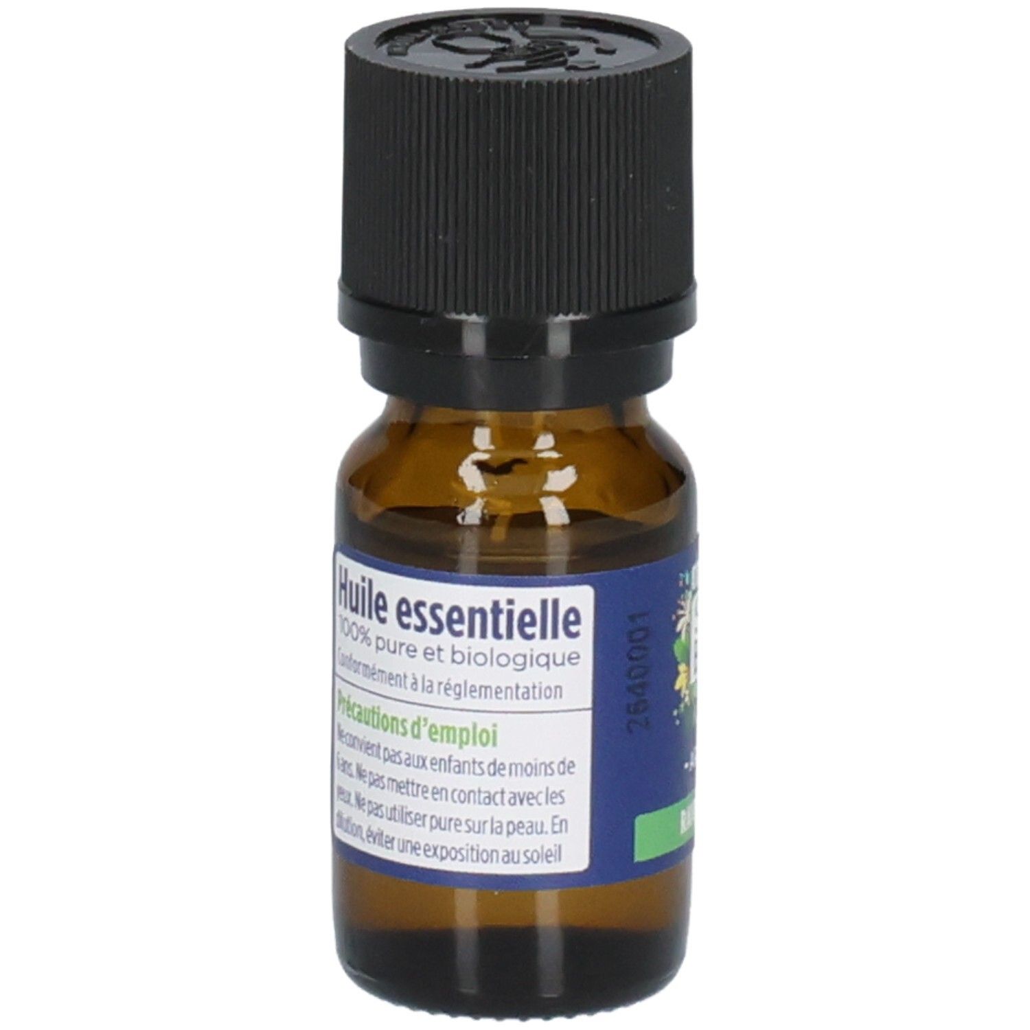 Flacon en verre brun avec bouchon noir. Étiquette avec texte: Huile essentielle 100% pure et biologique.