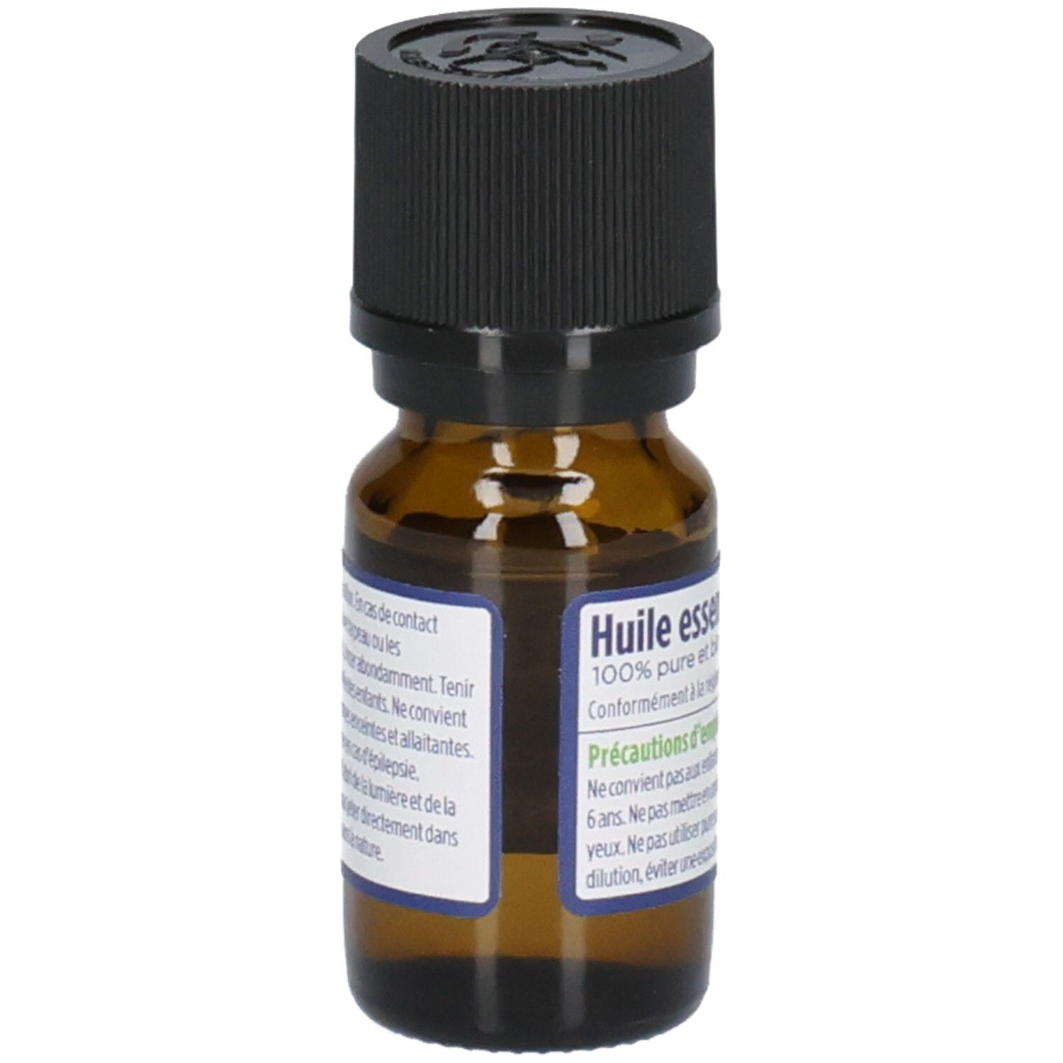 Flacon en verre brun avec bouchon noir. Étiquette avec texte: Huile essentielle 100% pure et biologique.