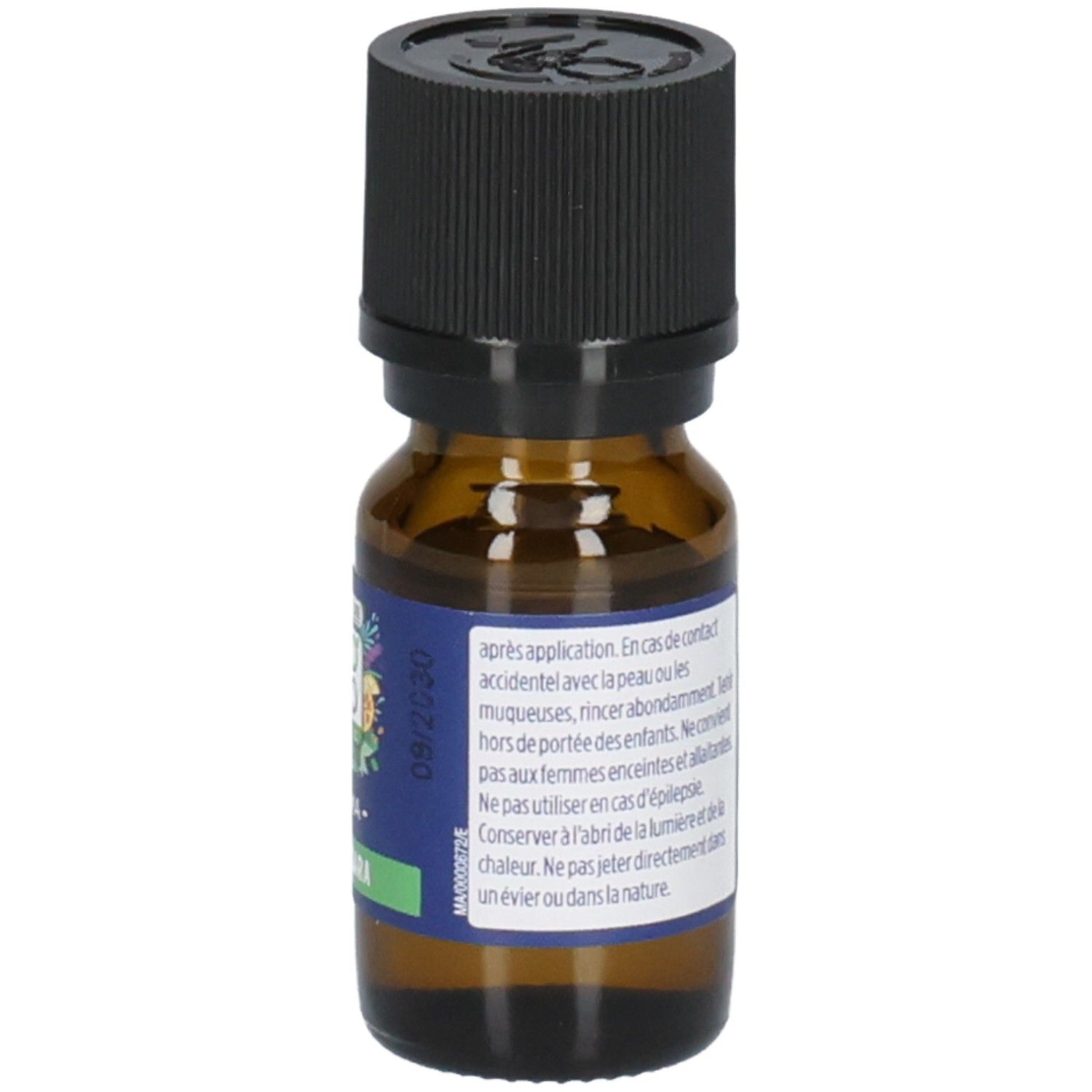 Flacon en verre brun avec bouchon noir. Étiquette avec texte et date 08/2030.