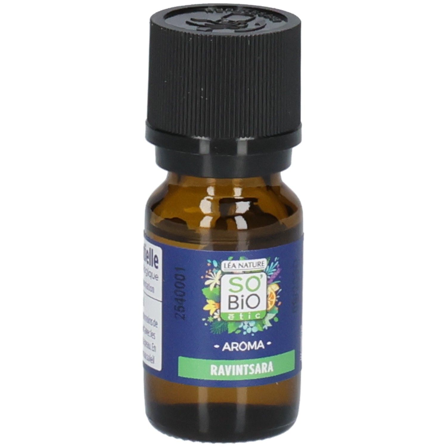 Flacon en verre brun avec bouchon noir. Étiquette avec logo, texte: Aroma Ravintsara.