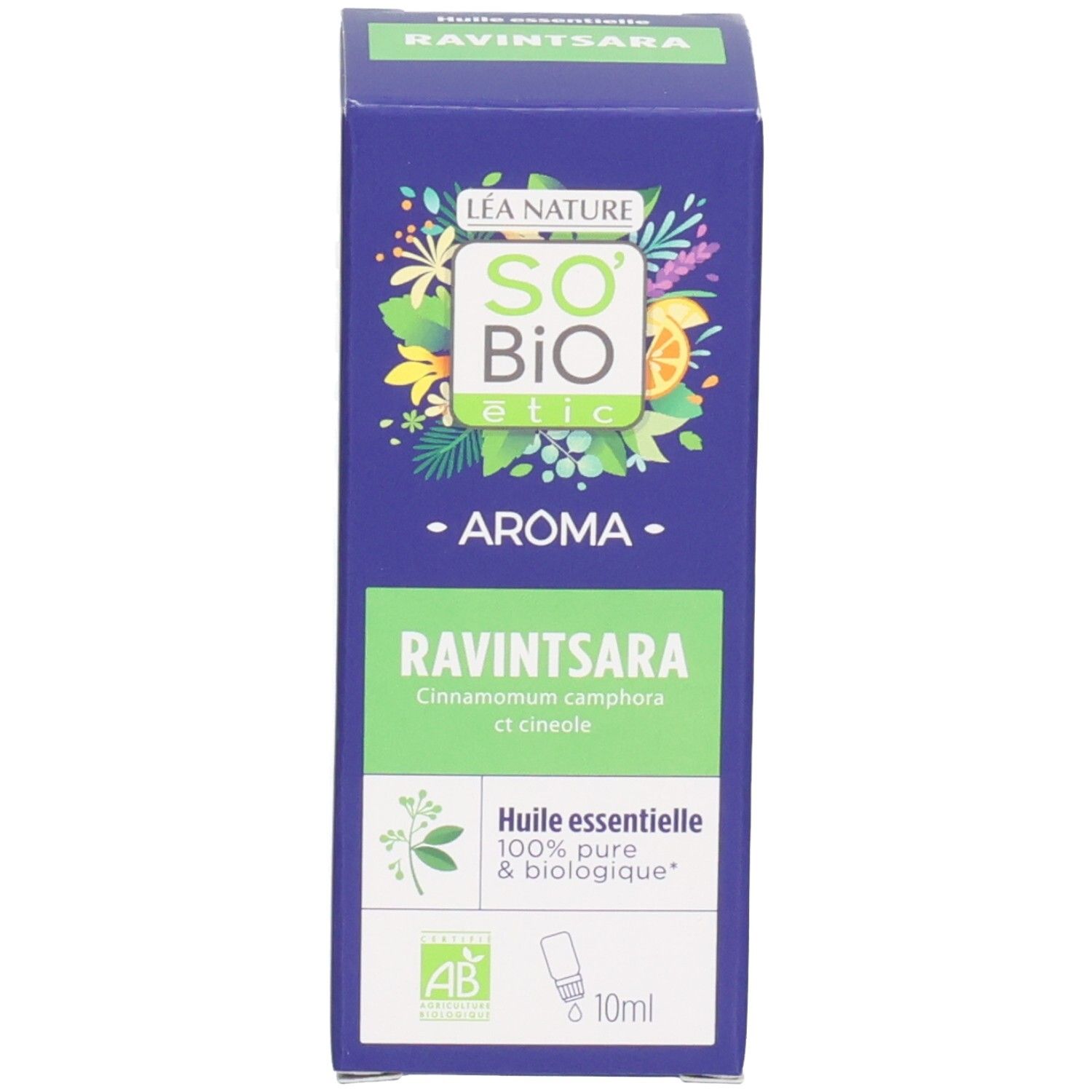 Emballage avec logo et texte: Ravintsara. Avec certification AB et indication 10ml.