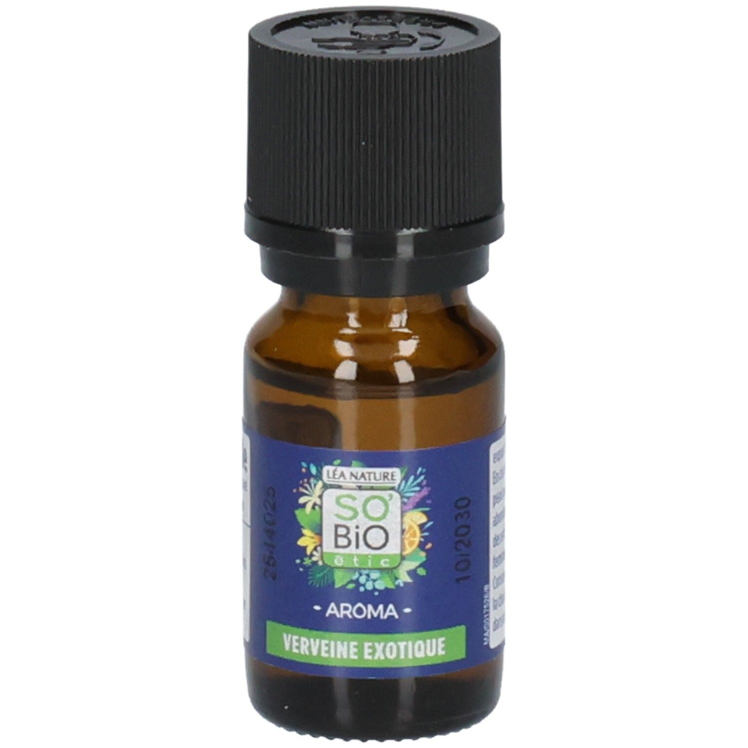 Flacon en verre brun avec bouchon noir. Étiquette : So Bio Etic, Aroma, Verveine exotique.