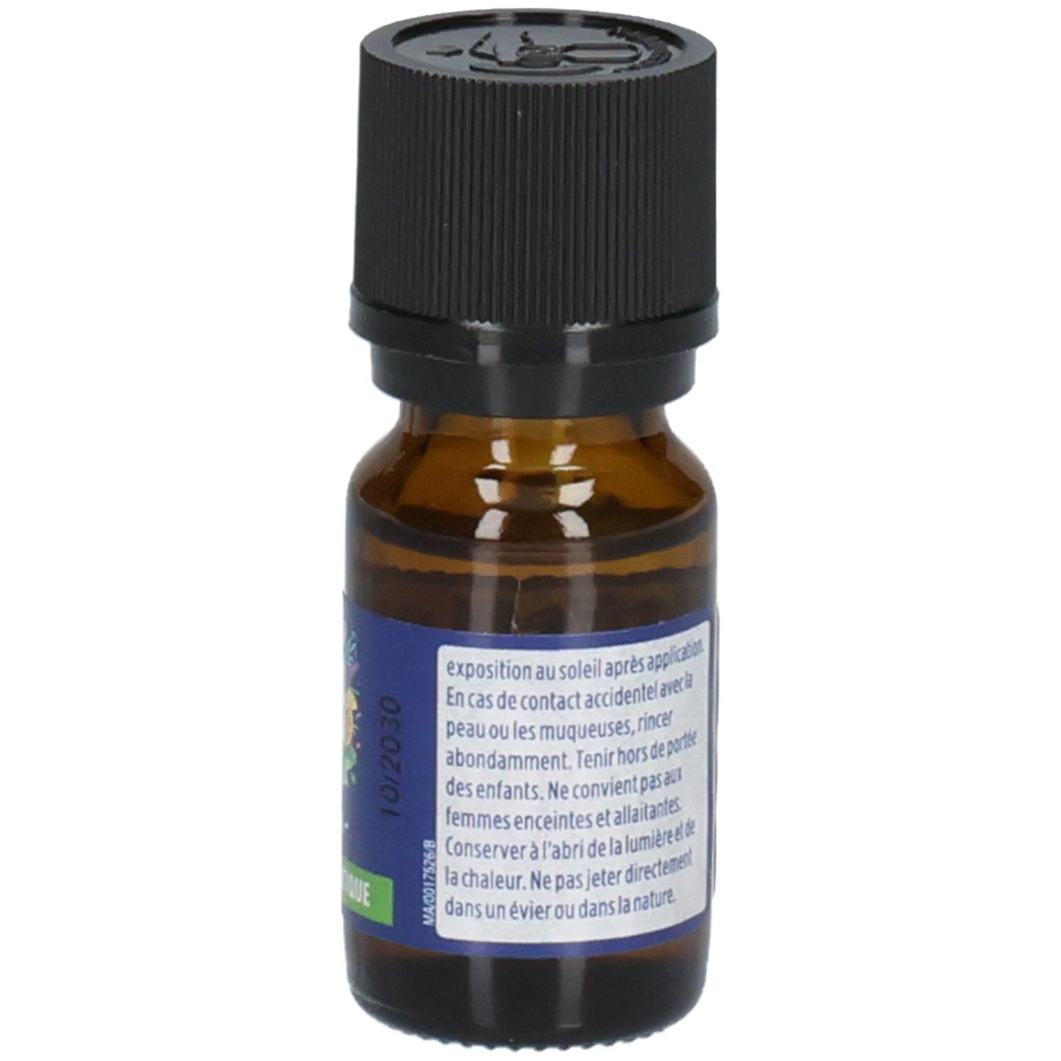 Flacon en verre brun avec bouchon noir. Étiquette avec texte et date d'expiration 10/2030.