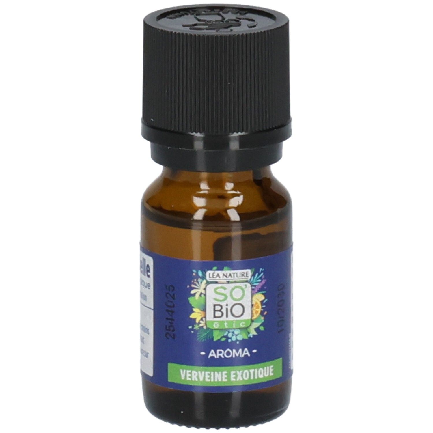 Flacon en verre brun avec bouchon noir. Étiquette : So Bio Etic, Aroma, Verveine exotique.