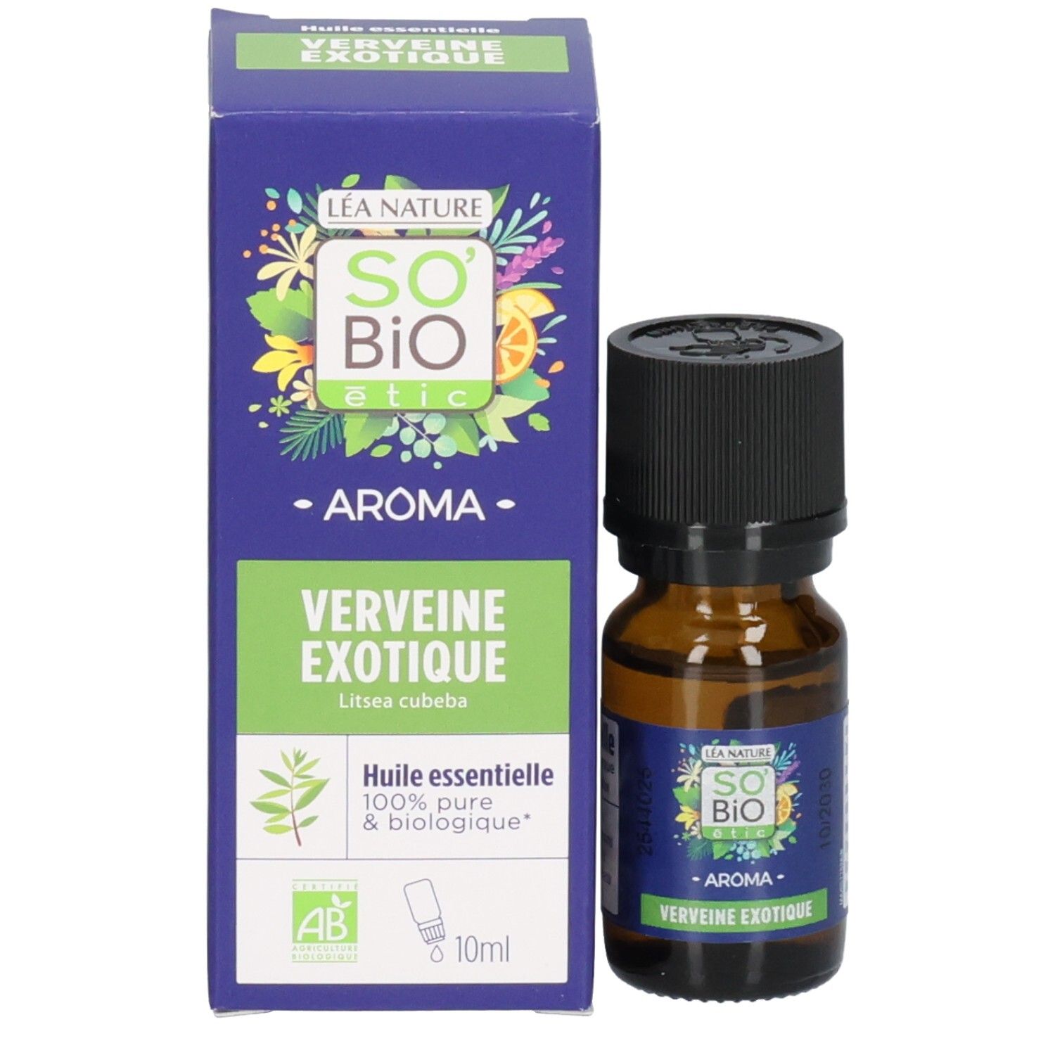 Flacon en verre brun avec bouchon noir et boîte. Boîte : So Bio Etic, Verveine exotique.