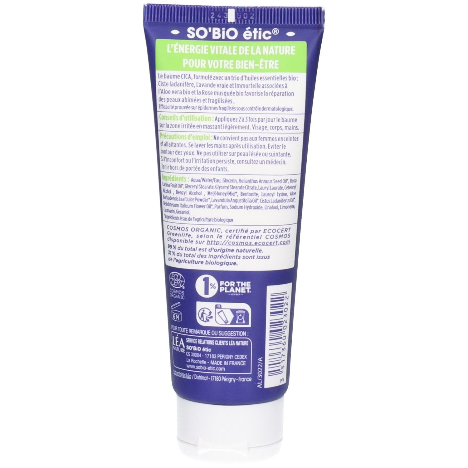 Dos de tube bleu. Texte So Bio Etic. Ingrédients, mode d'emploi, certifications. Bouchon blanc.