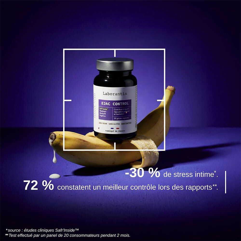 Flacon avec banane. Texte: Laborantin, EJAC CONTROL. 72% meilleur contrôle. -30% stress. Drapeau français.