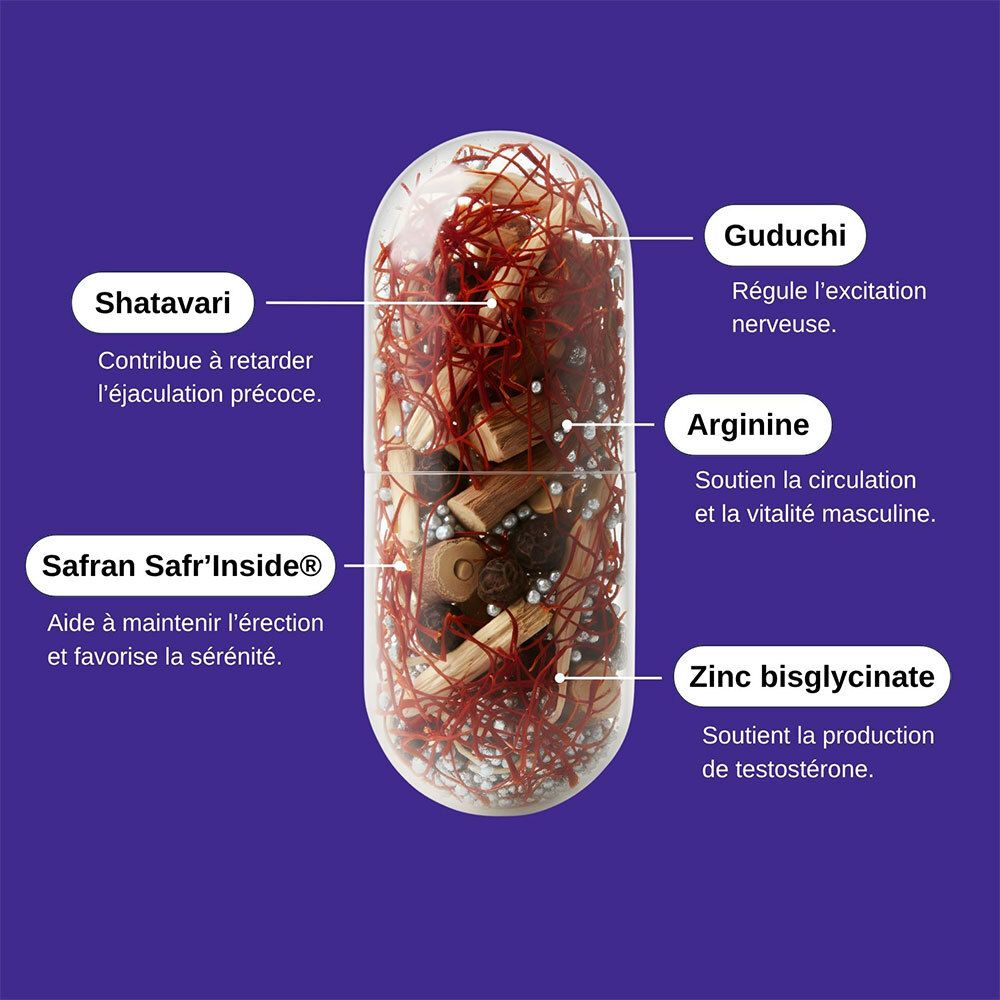 Gélule avec ingrédients: Shatavari, Guduchi, Arginine, Safran. Inscription: Zinc bisglycinate. Sur fond violet.