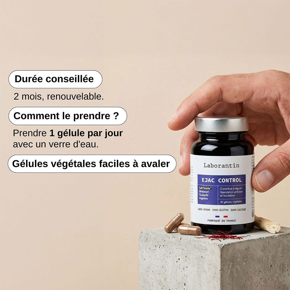 Main tenant un flacon de gélules. Zones de texte : "Durée conseillée : 2 mois", "Comment le prendre ? 1 gélule par jour".