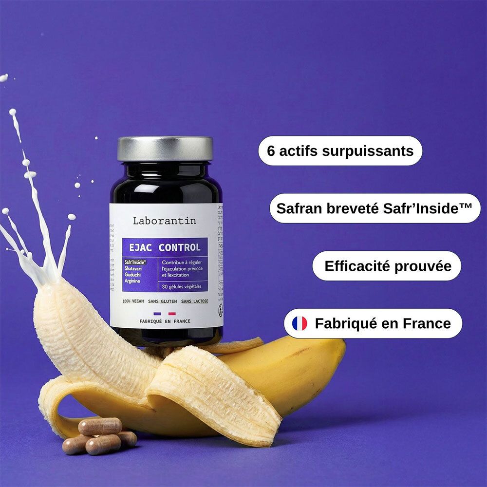 Flacon avec banane. Texte: Laborantin, EJAC CONTROL. 6 actifs. Safr'Inside. Efficacité prouvée. Fabriqué en France.