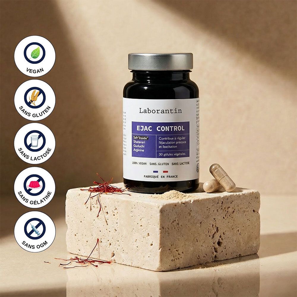 Flacon avec symboles: Vegan, sans gluten, sans lactose, sans gélatine, sans OGM. Sur pierre. Avec gélules.