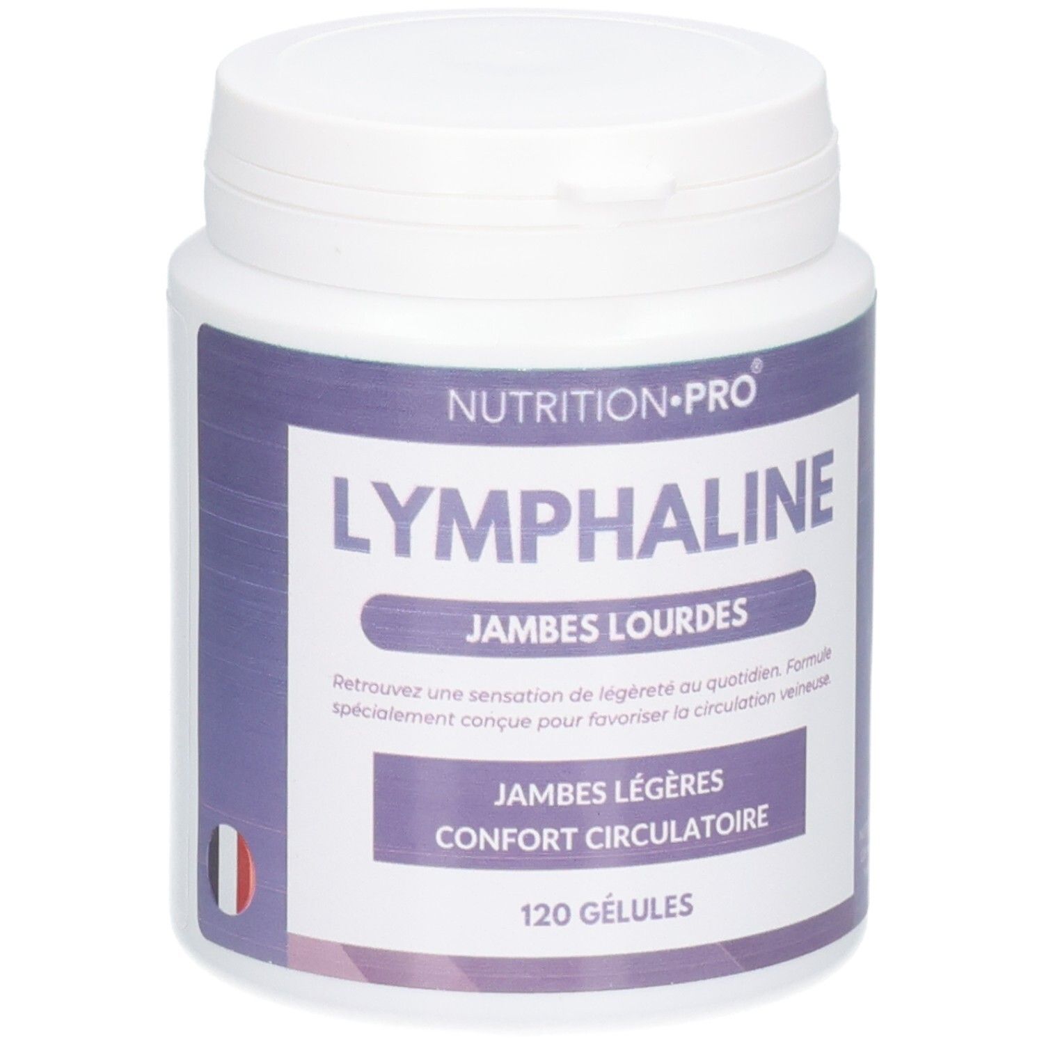 Pot blanc avec étiquette violette, NUTRITION PRO LYMPHALINE, 120 gélules.