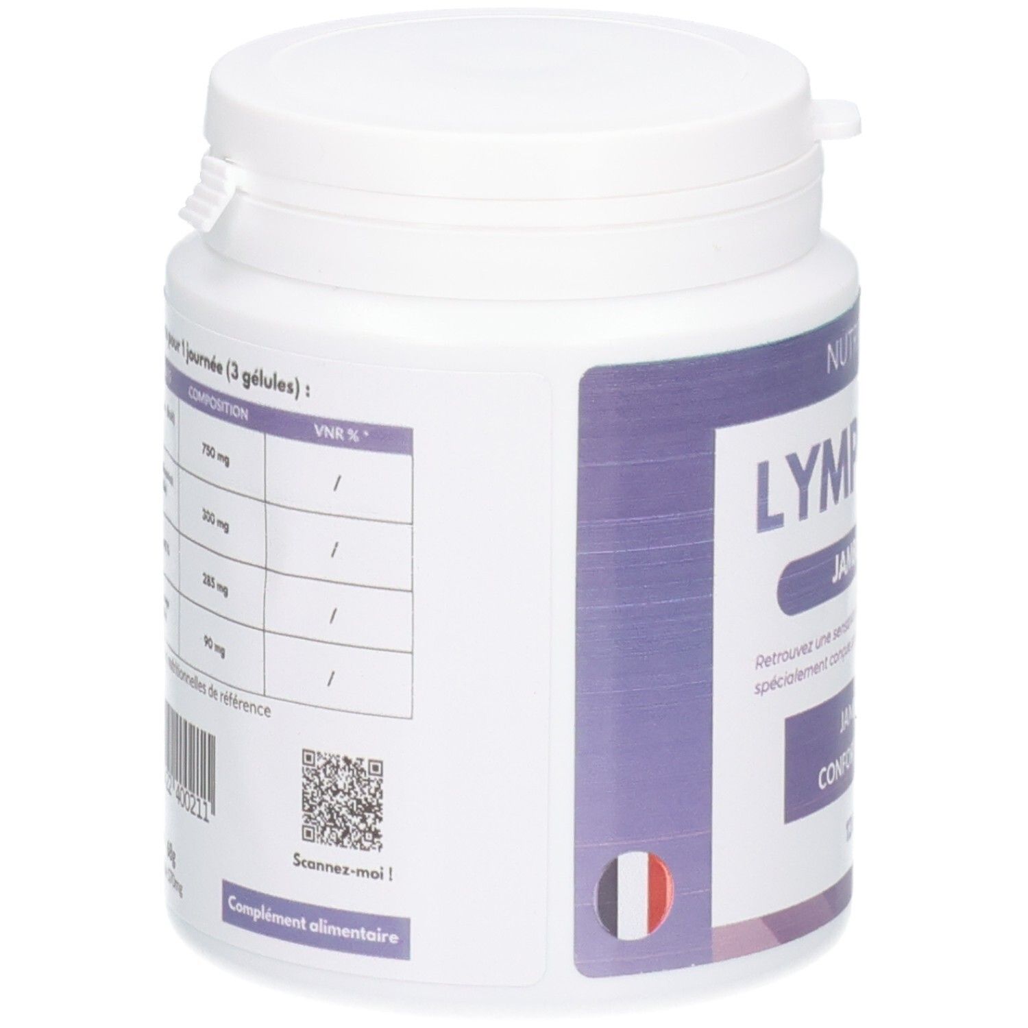 Arrière d'un pot blanc avec étiquette violette, NUTRITION PRO LYMPHALINE, informations nutritionnelles.
