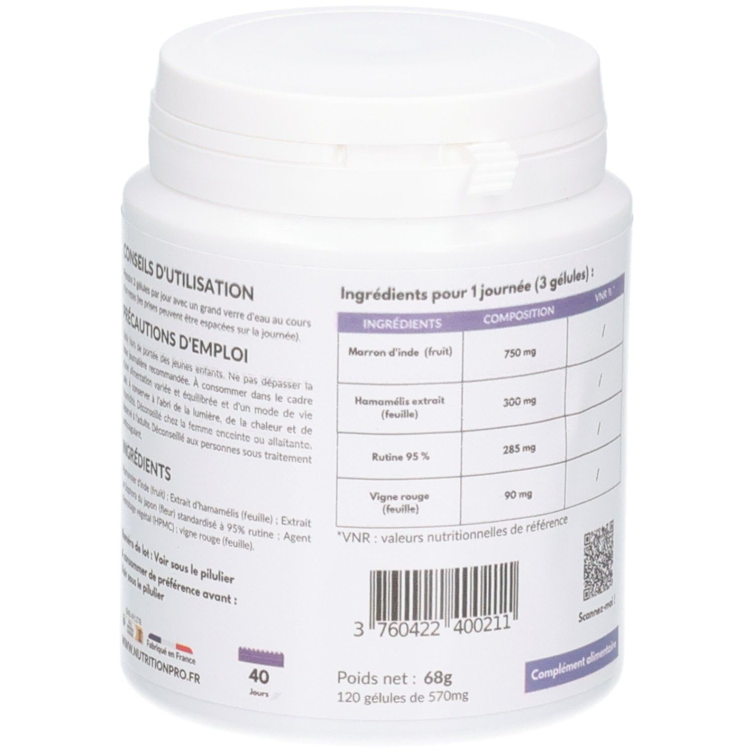 Arrière d'un pot blanc avec étiquette violette, NUTRITION PRO LYMPHALINE, ingrédients et conseils d'utilisation.