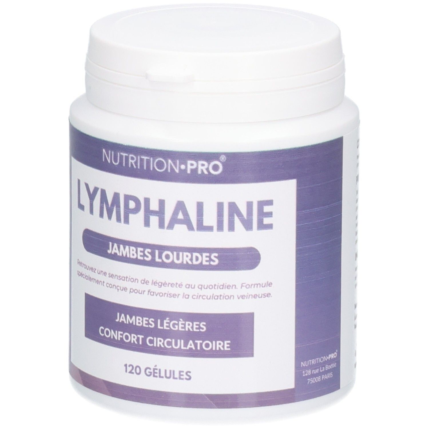 Pot blanc avec étiquette violette, NUTRITION PRO LYMPHALINE, 120 gélules, vue de face.