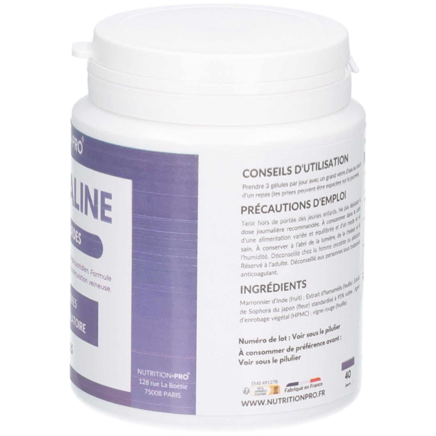 Arrière d'un pot blanc avec étiquette violette, NUTRITION PRO LYMPHALINE, ingrédients et conseils d'utilisation.