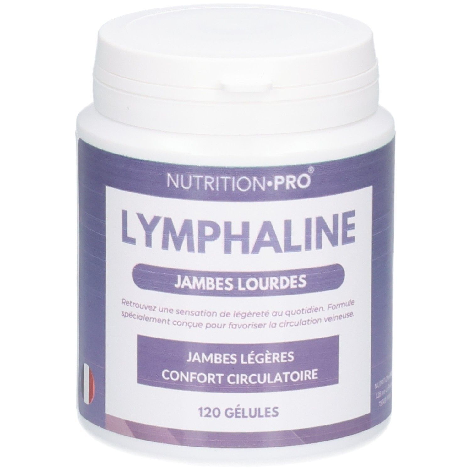 Pot blanc avec étiquette violette, NUTRITION PRO LYMPHALINE, 120 gélules, Jambes lourdes.