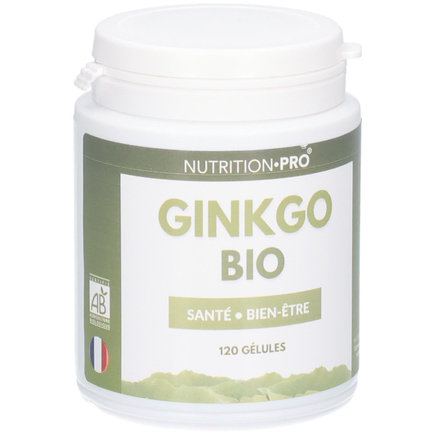 Pot blanc Ginkgo Bio. Inscriptions: Nutrition Pro, Santé Bien-Être, 120 Gélules. Certification AB et drapeau français.