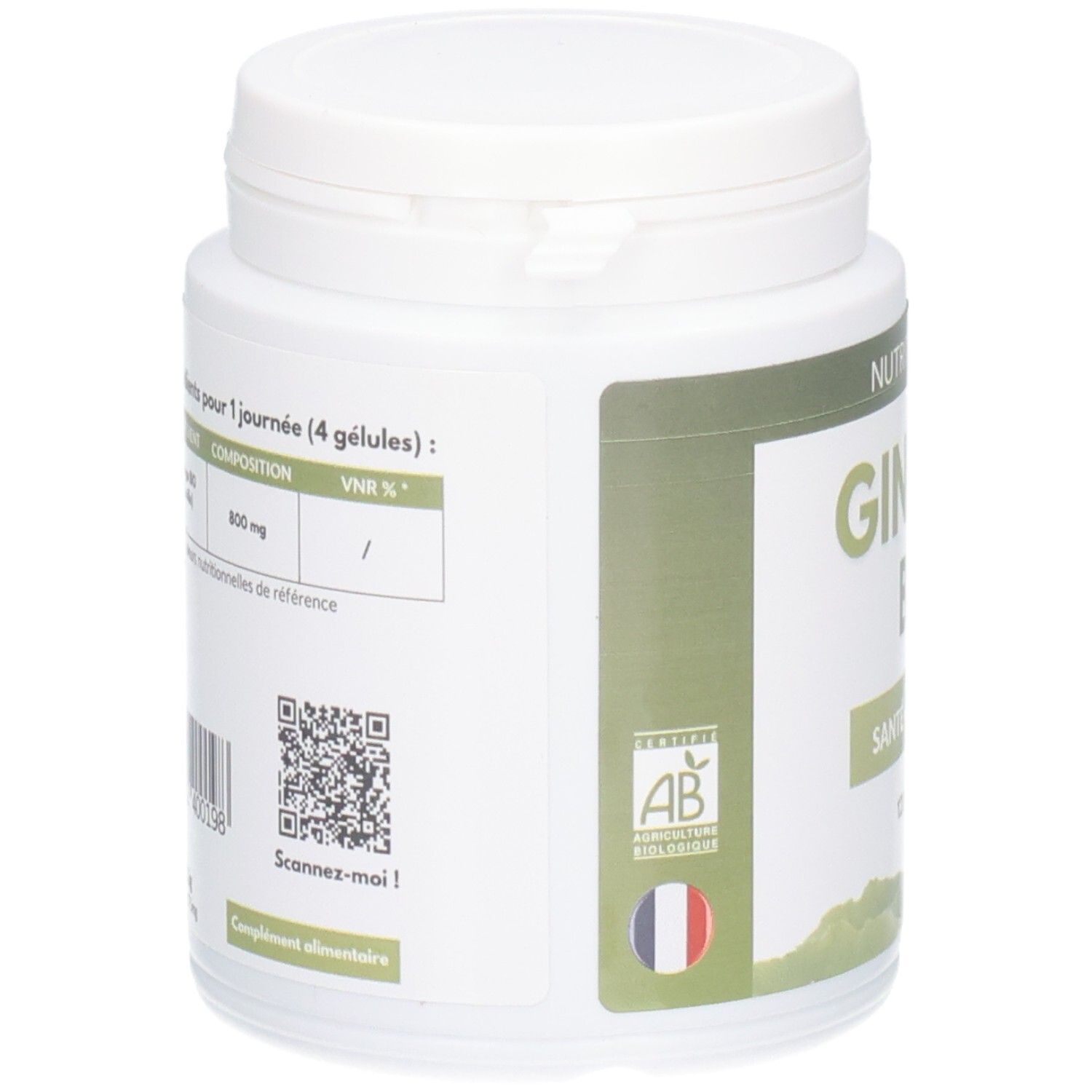 Dos du pot blanc. Contient des informations sur les ingrédients et un code QR. Certification AB et drapeau français.