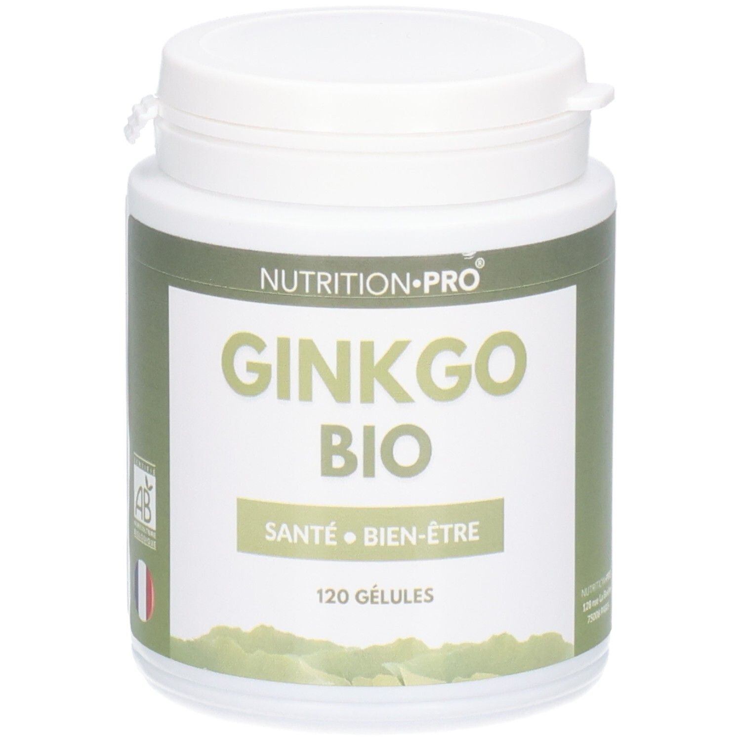 Pot blanc Ginkgo Bio. Inscriptions: Nutrition Pro, Santé Bien-Être, 120 Gélules. Certification AB et drapeau français.