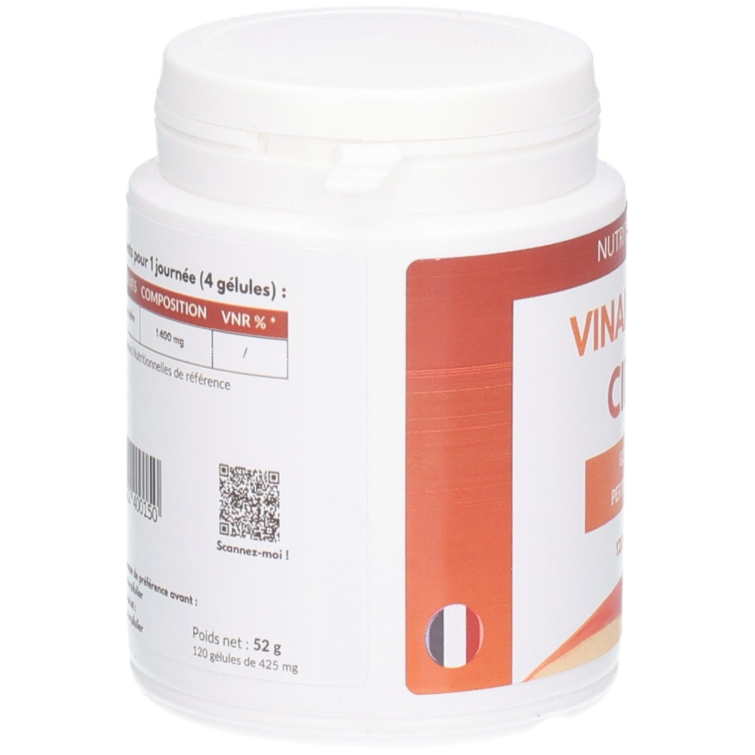Vue latérale du pot blanc. Étiquette avec informations produit, QR code et drapeau français. Poids: 52g, 120 gélules.