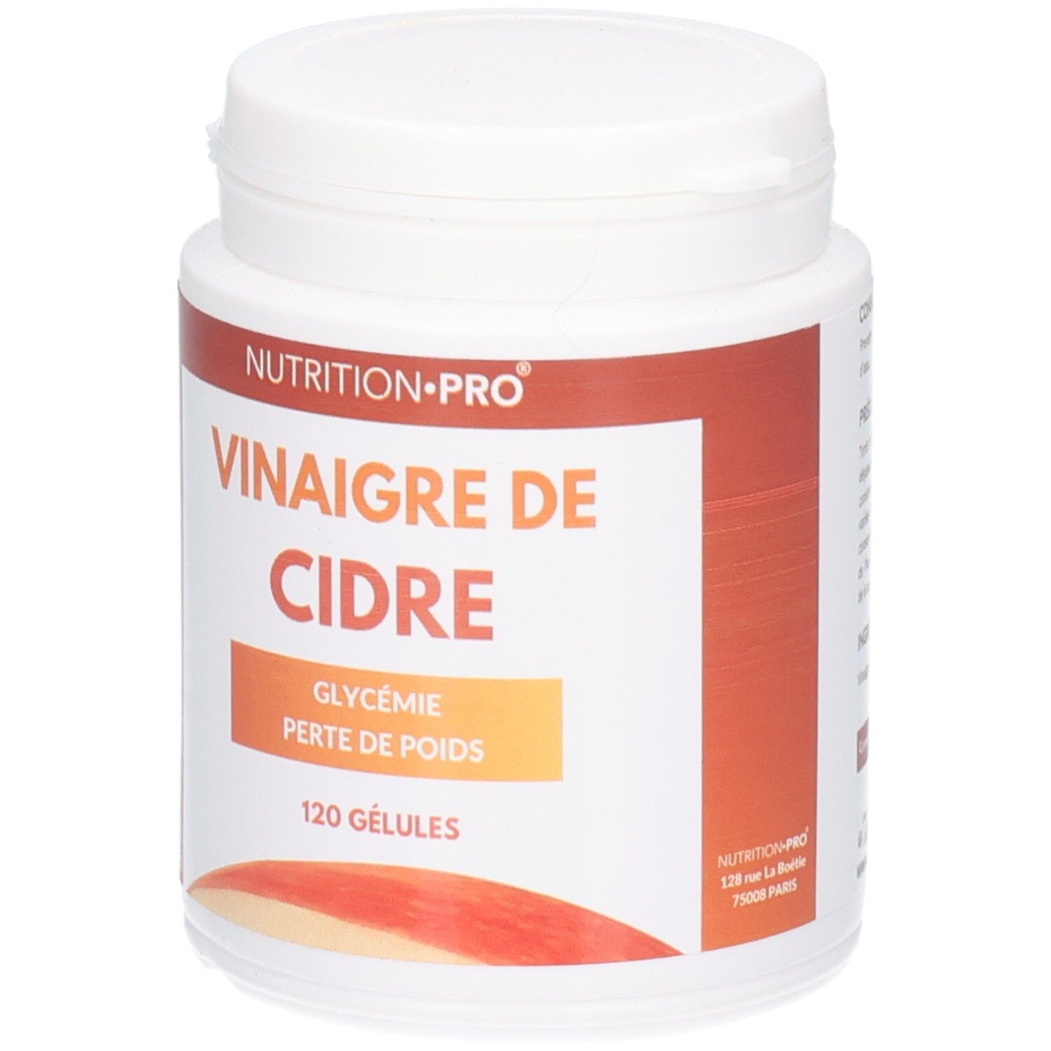 Pot blanc 'Nutrition Pro Vinaigre de Cidre'. Contient 120 gélules. Étiquette orange avec informations produit.
