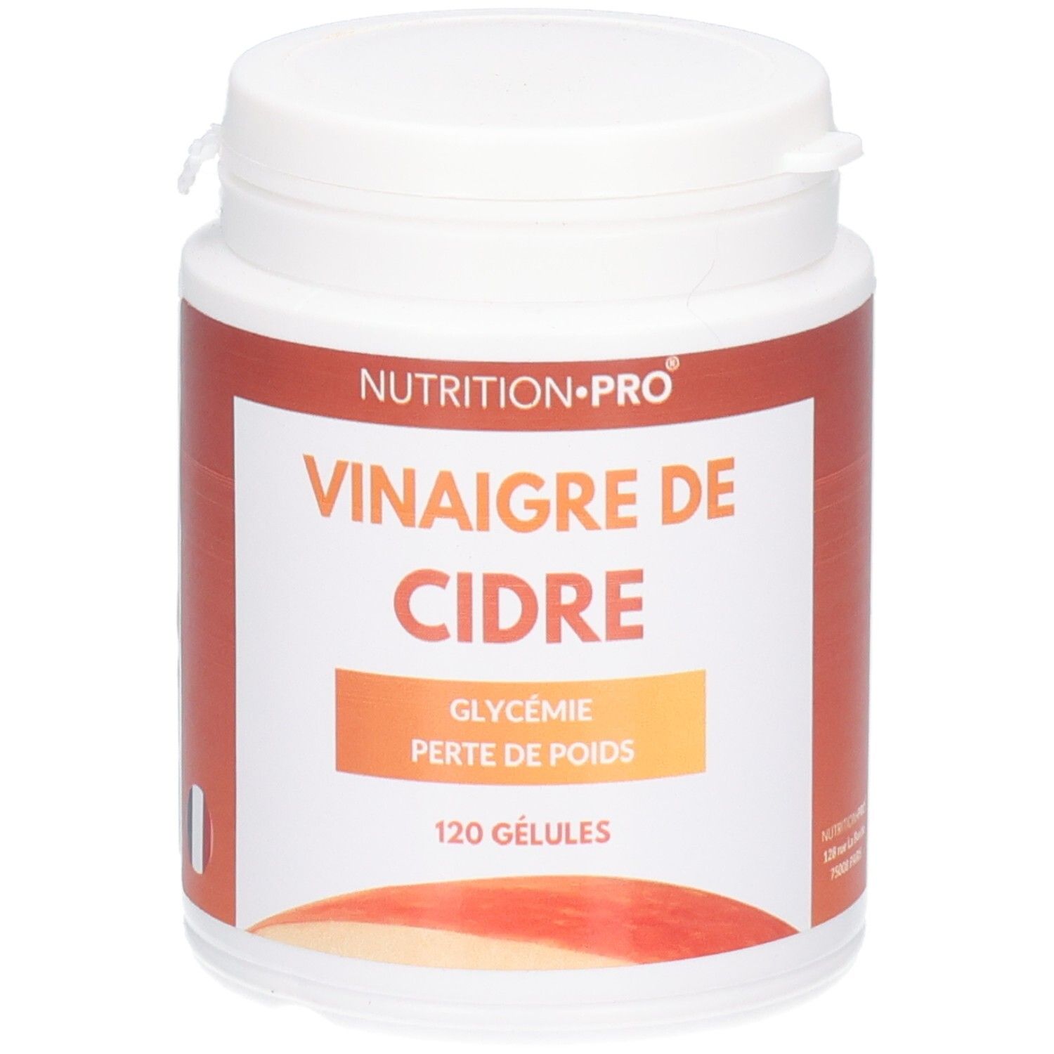 Pot blanc 'Nutrition Pro Vinaigre de Cidre'. Contient 120 gélules. Étiquette orange avec informations produit.