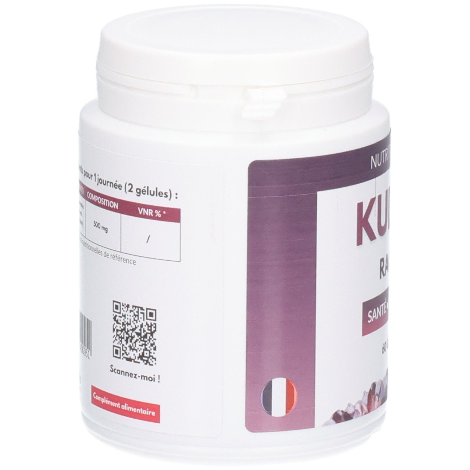 Flacon blanc avec étiquette violette. Inscription: KUDZU RACINE, SANTÉ BIEN-ÊTRE, 60 GÉLULES. Code QR et drapeau français.