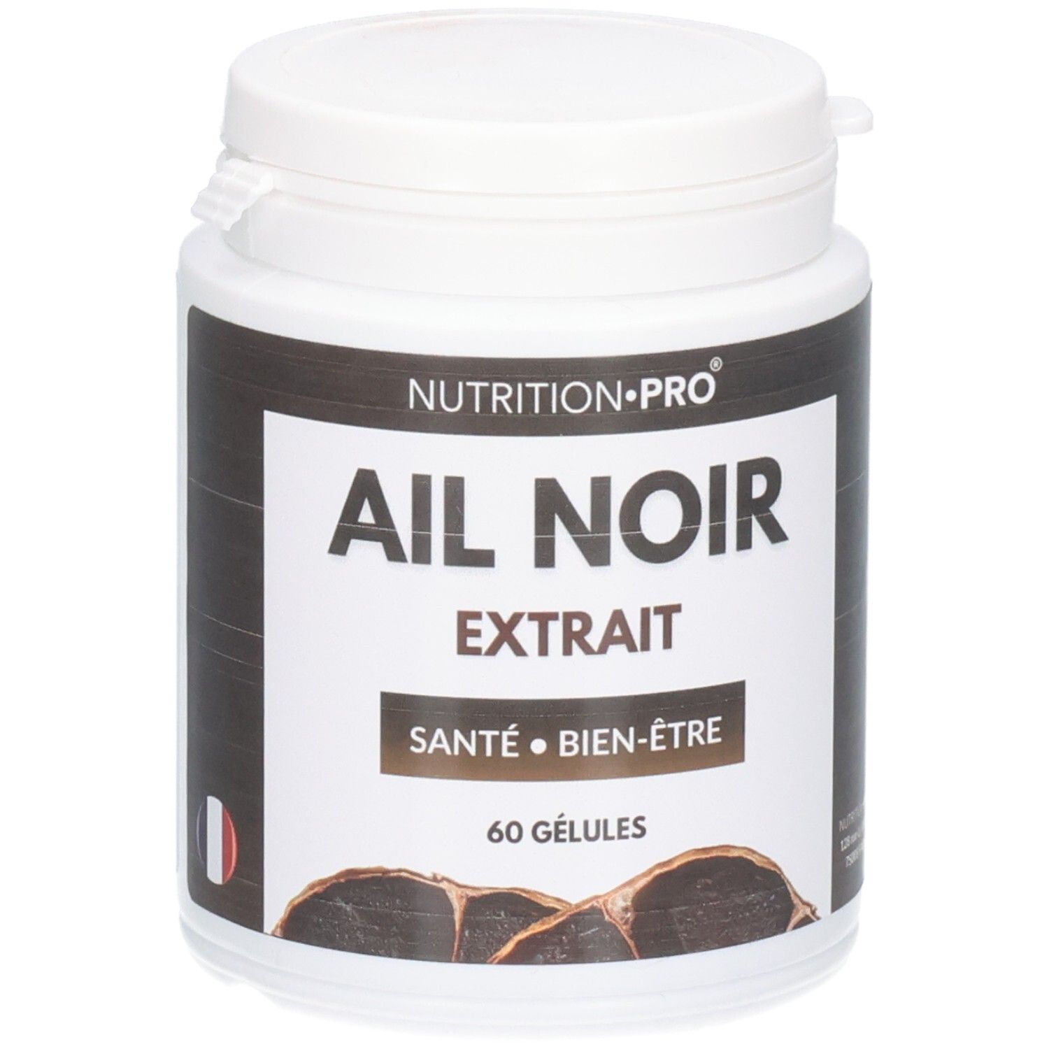Pot blanc avec étiquette noire. Inscription: AIL NOIR EXTRAIT, 60 GÉLULES. Marque: NUTRITION-PRO. Drapeau français.