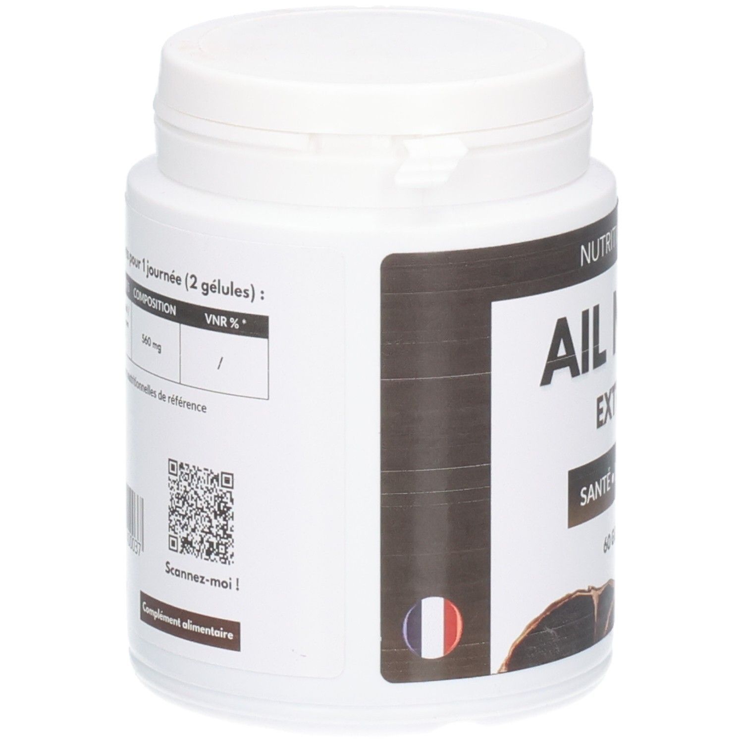 Pot blanc, vue latérale. Étiquette noire avec texte: AIL NOIR EXTRAIT. Code QR et drapeau français.