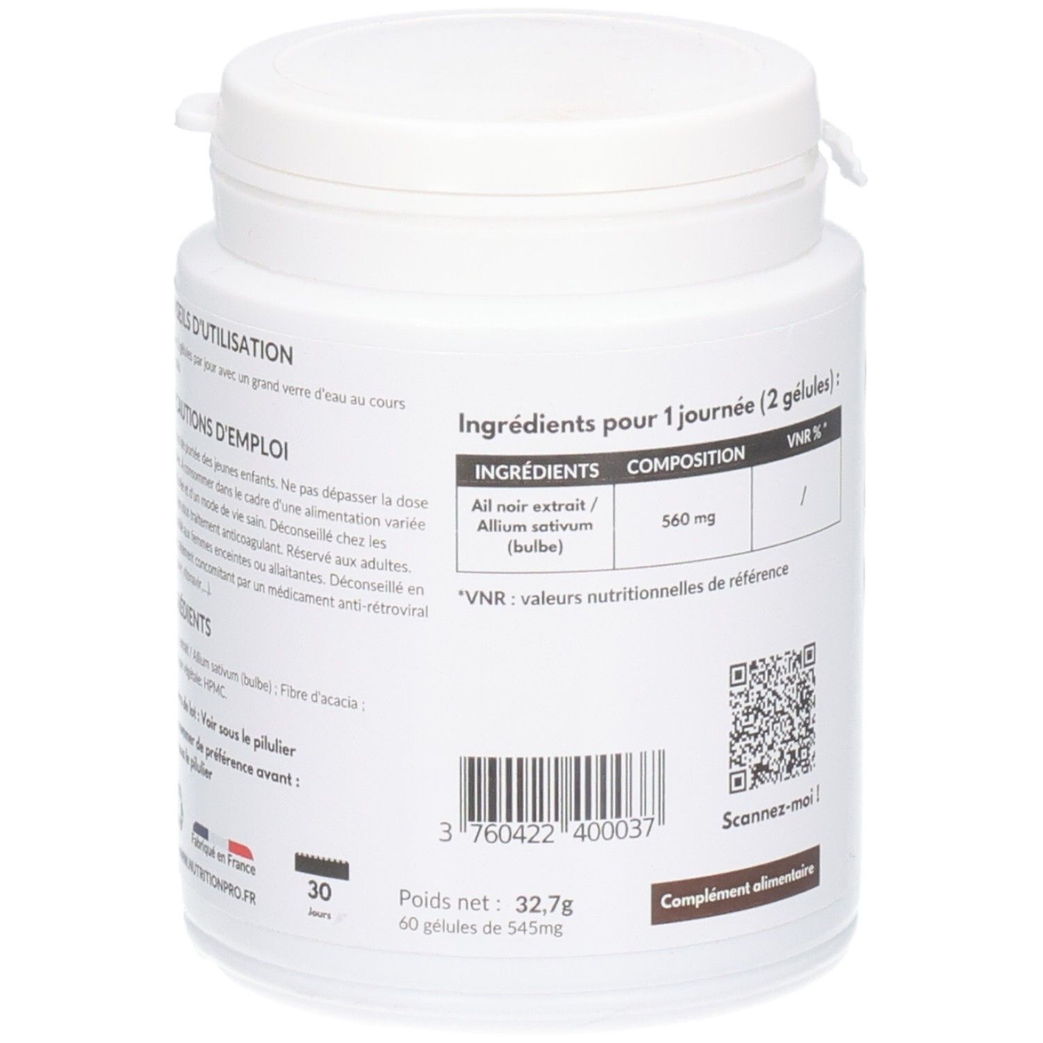 Pot blanc, dos. Texte: Ingrédients, informations nutritionnelles, code QR. Drapeau français et date de péremption.