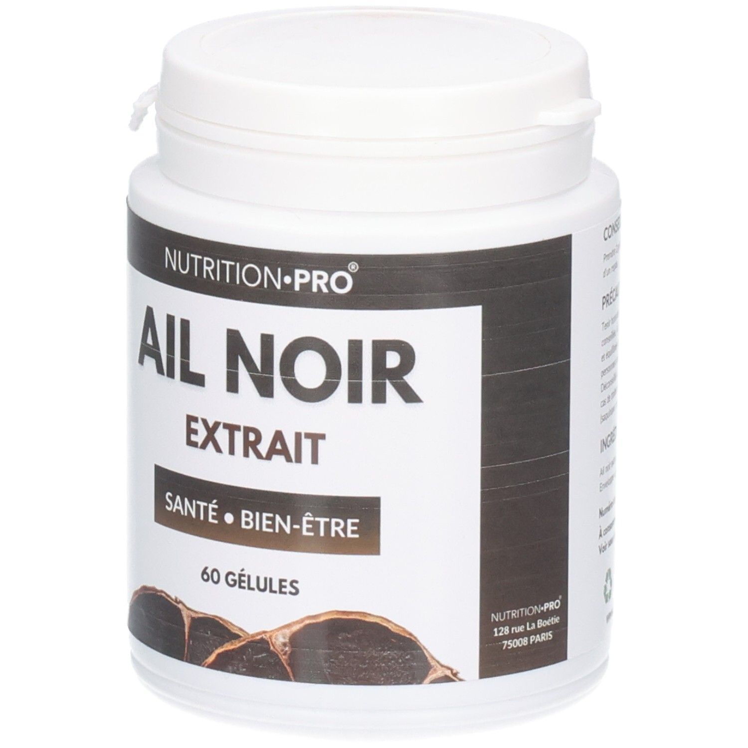 Pot blanc avec étiquette noire. Inscription: AIL NOIR EXTRAIT, 60 GÉLULES. Marque: NUTRITION-PRO. Drapeau français.