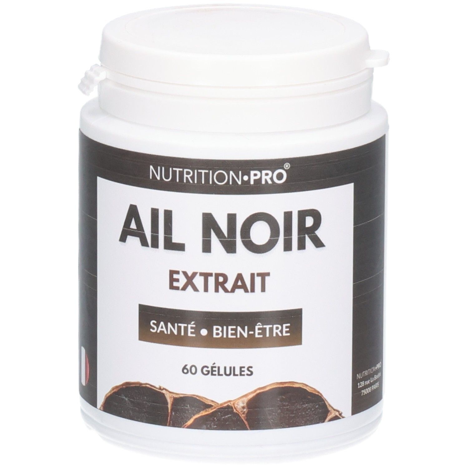 Pot blanc avec étiquette noire. Inscription: AIL NOIR EXTRAIT, 60 GÉLULES. Marque: NUTRITION-PRO. Drapeau français.