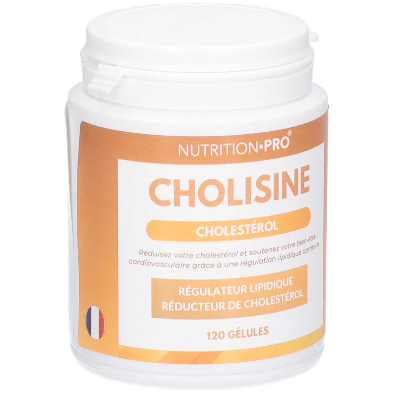Flacon blanc CHOLISINE (CHOLESTÉROL) de NUTRITION-PRO. Contient 120 gélules. Drapeau français.