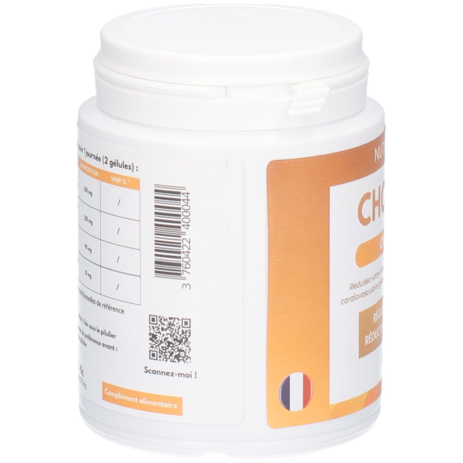 Dos du flacon blanc CHOLISINE (CHOLESTÉROL). Contient des informations et un QR code. Drapeau français.