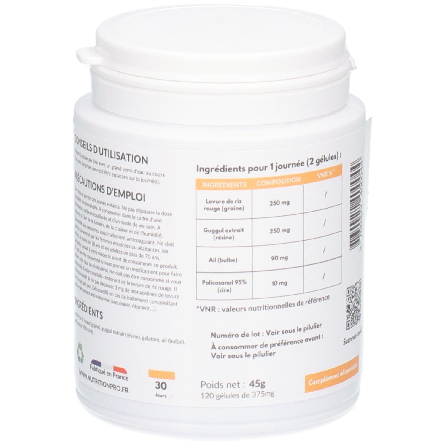 Dos du flacon blanc CHOLISINE (CHOLESTÉROL). Liste des ingrédients et informations nutritionnelles. 120 gélules.