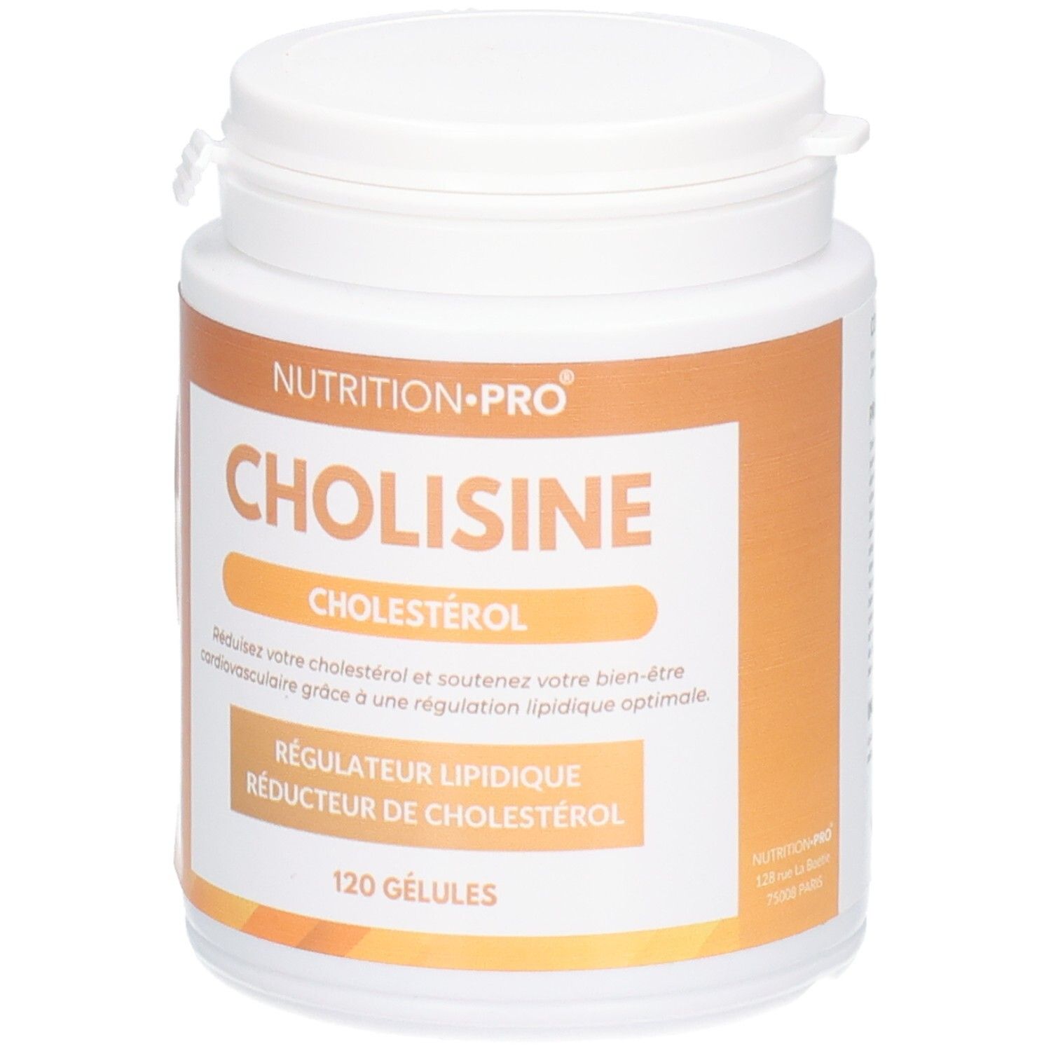 Flacon blanc CHOLISINE (CHOLESTÉROL) de NUTRITION-PRO. 120 gélules. Logo sans gluten.