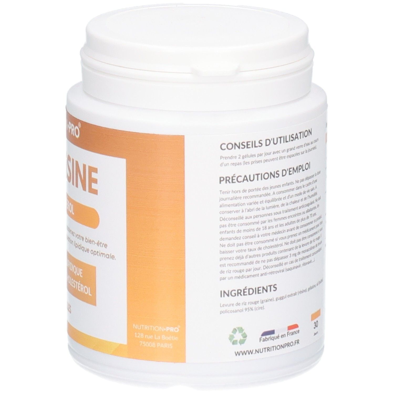 Dos du flacon blanc CHOLISINE (CHOLESTÉROL). Conseils d'utilisation et précautions. 30 jours.