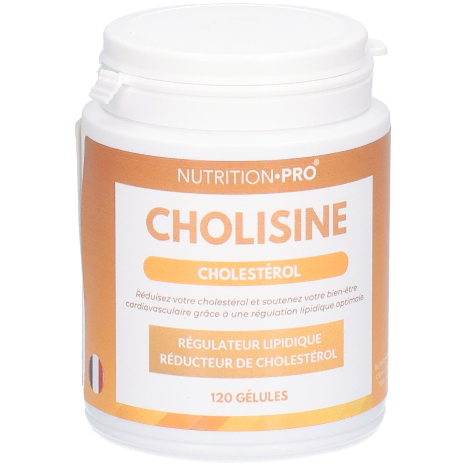 Flacon blanc CHOLISINE (CHOLESTÉROL) de NUTRITION-PRO. 120 gélules. Drapeau français.
