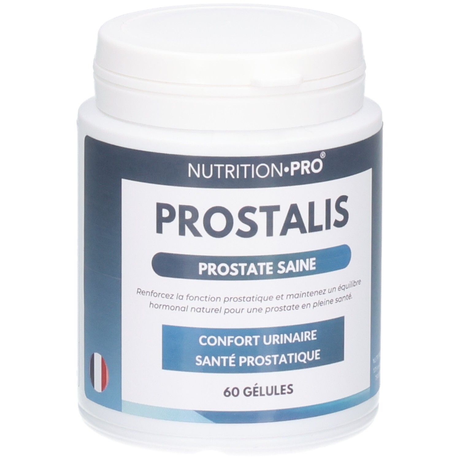 Boîte blanche avec étiquette PROSTALIS. Texte: PROSTALIS, PROSTATE SAINE, 60 GÉLULES. Marque: NUTRITION-PRO. Drapeau français.