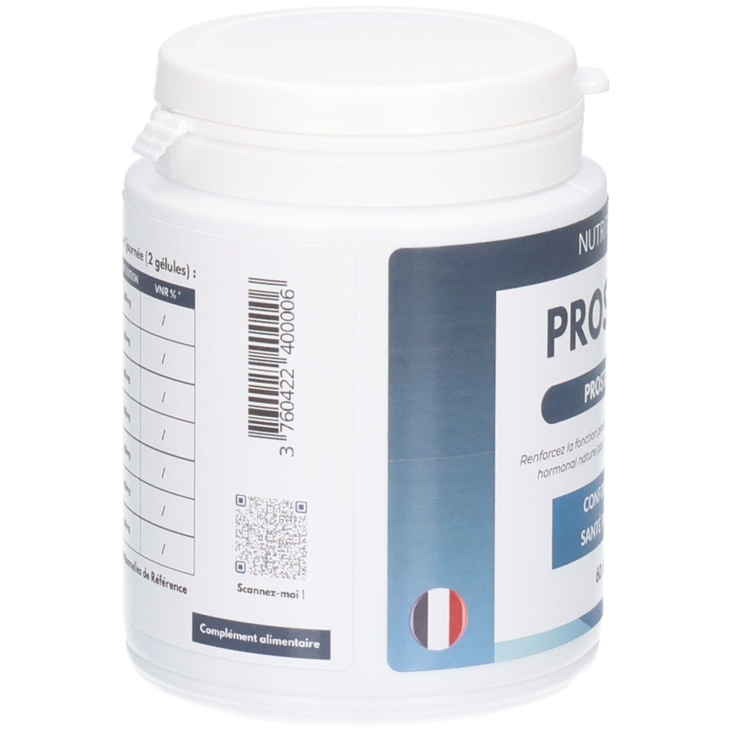 Boîte blanche, dos avec code-barres, QR code et texte. Texte: Complément alimentaire. Drapeau français. Marque: NUTRITION-PRO.