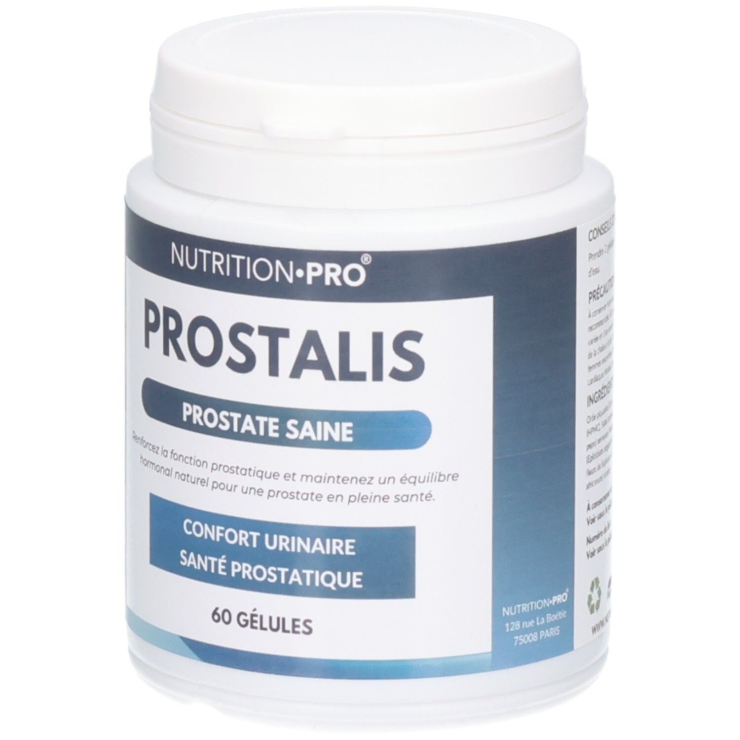 Boîte blanche avec étiquette PROSTALIS. Texte: PROSTALIS, PROSTATE SAINE, 60 GÉLULES. Marque: NUTRITION-PRO. Adresse.
