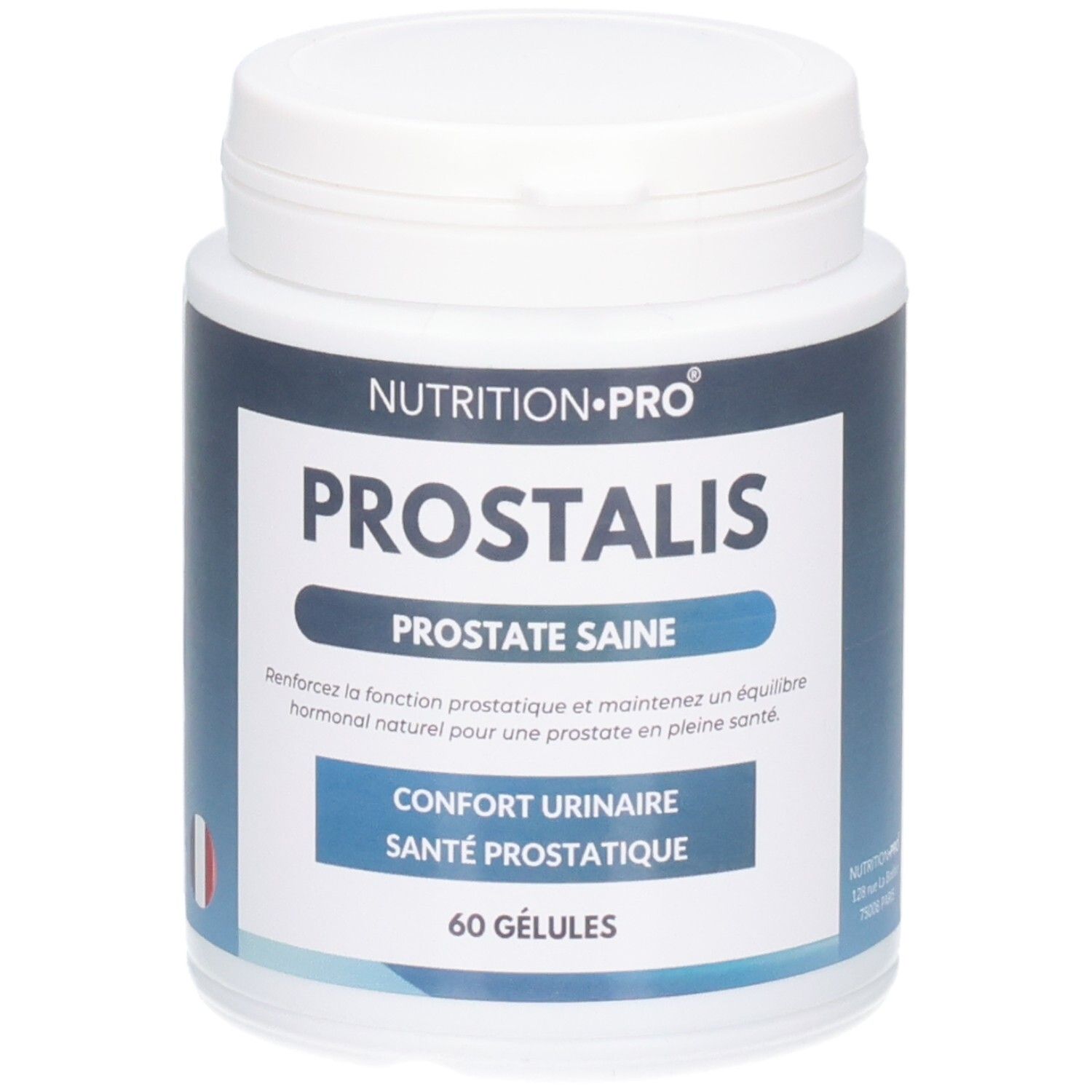 Boîte blanche avec étiquette PROSTALIS. Texte: PROSTALIS, PROSTATE SAINE, 60 GÉLULES. Marque: NUTRITION-PRO.