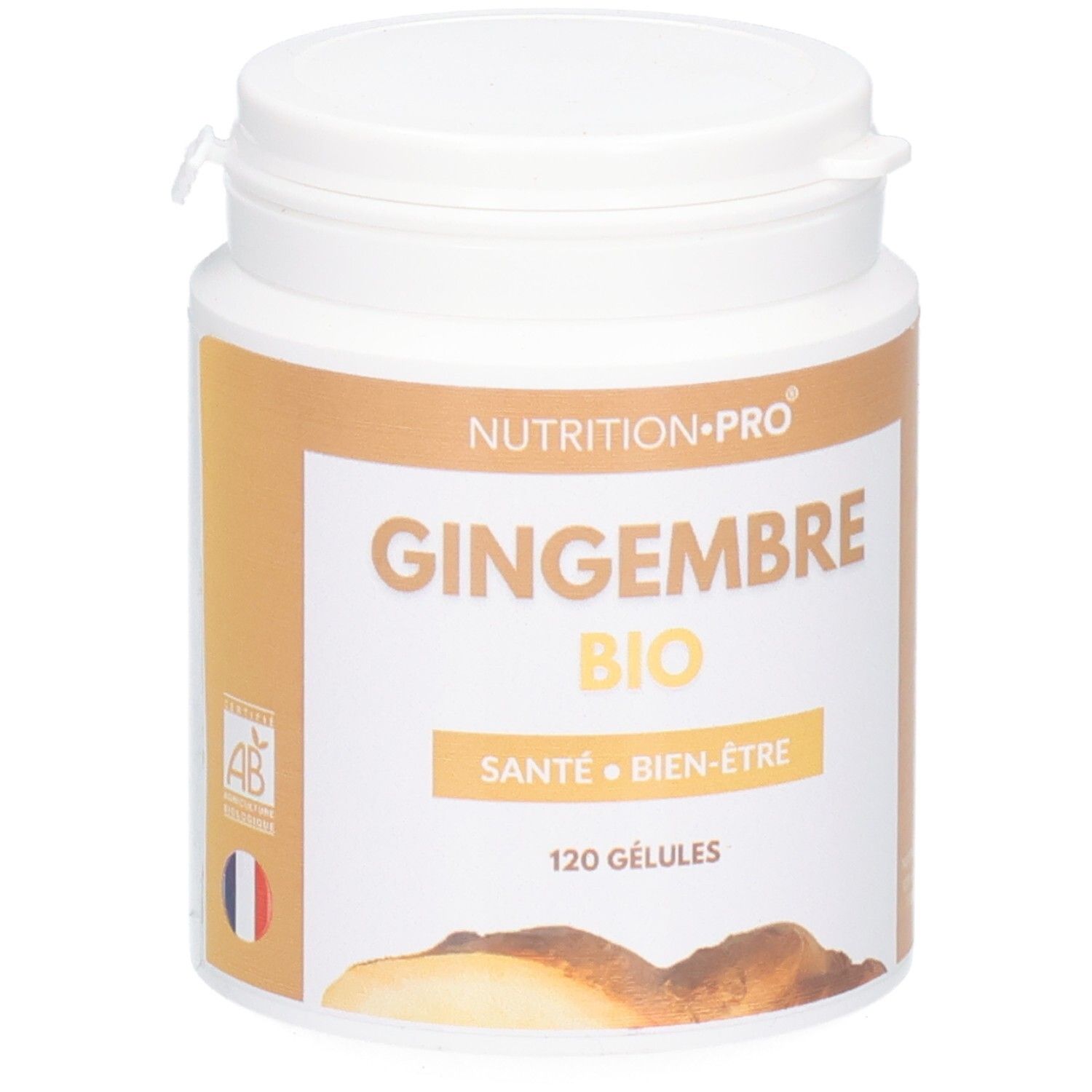 Pot blanc avec couvercle. Inscription: GINGEMBRE BIO, SANTE BIEN-ÊTRE, 120 GÉLULES. Label AB.