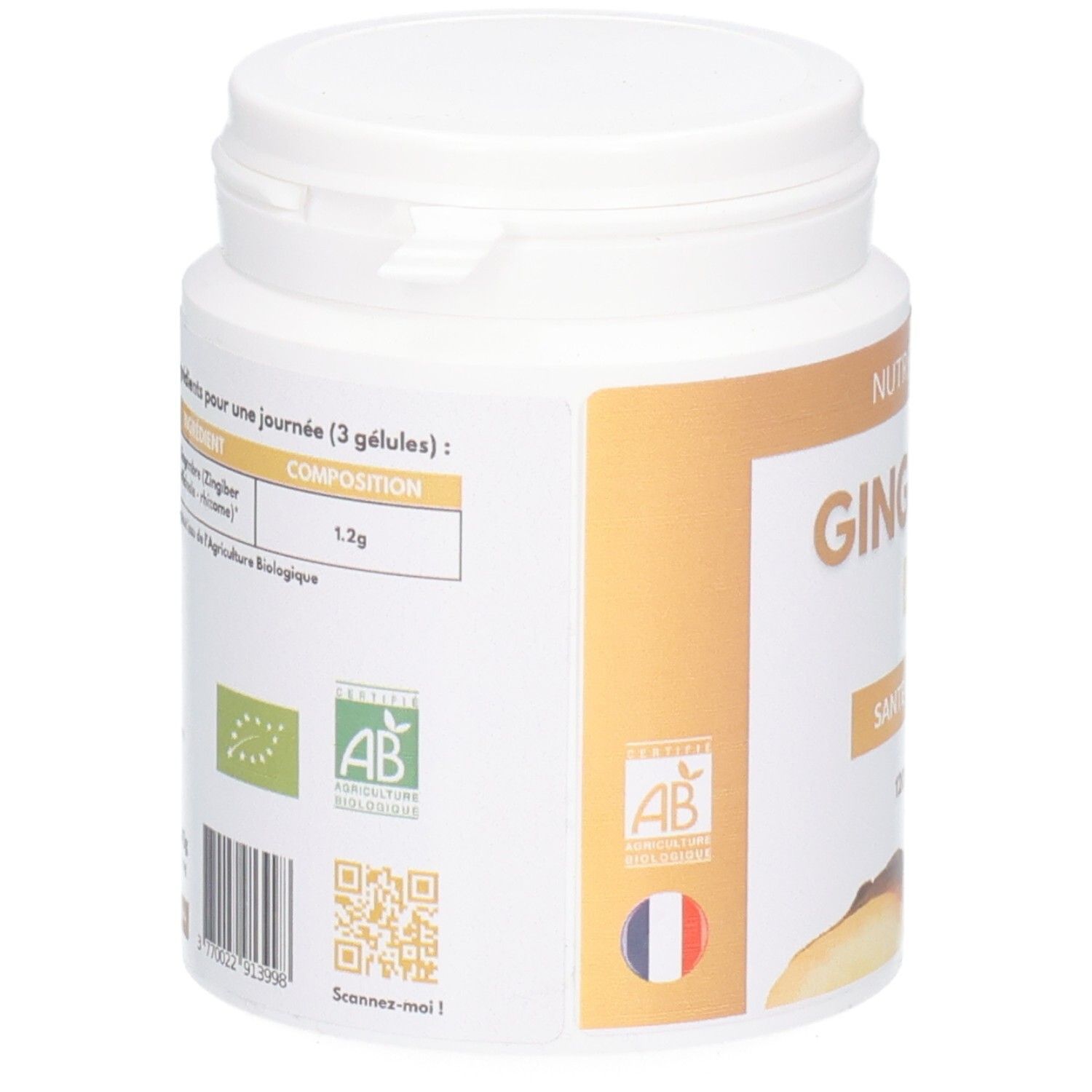 Dos du pot blanc. Texte: Composition, ingrédients, label bio, code-barres, QR code, drapeau français.