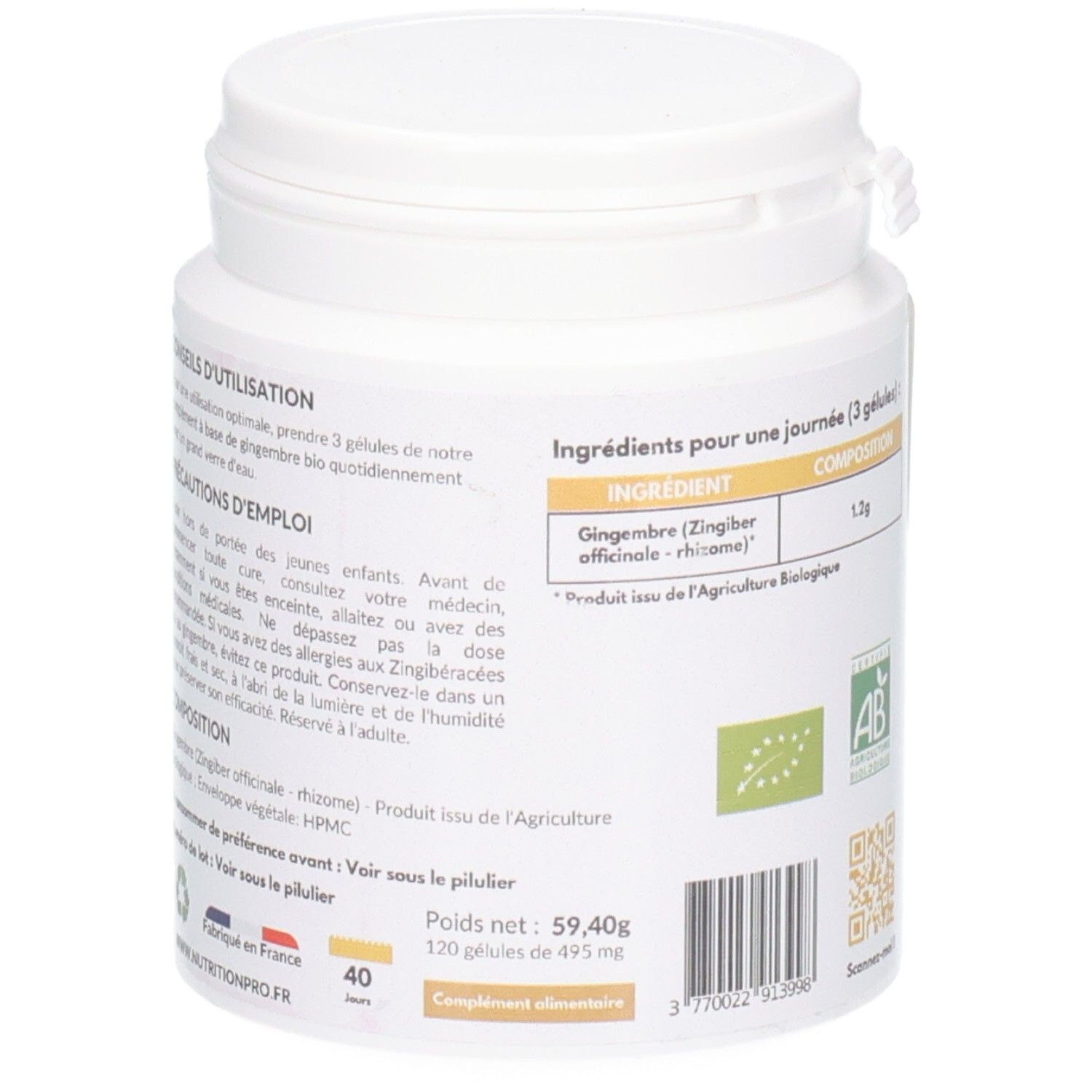 Dos du pot blanc. Texte: Conseils d'utilisation, ingrédients, poids, date de péremption, label bio.
