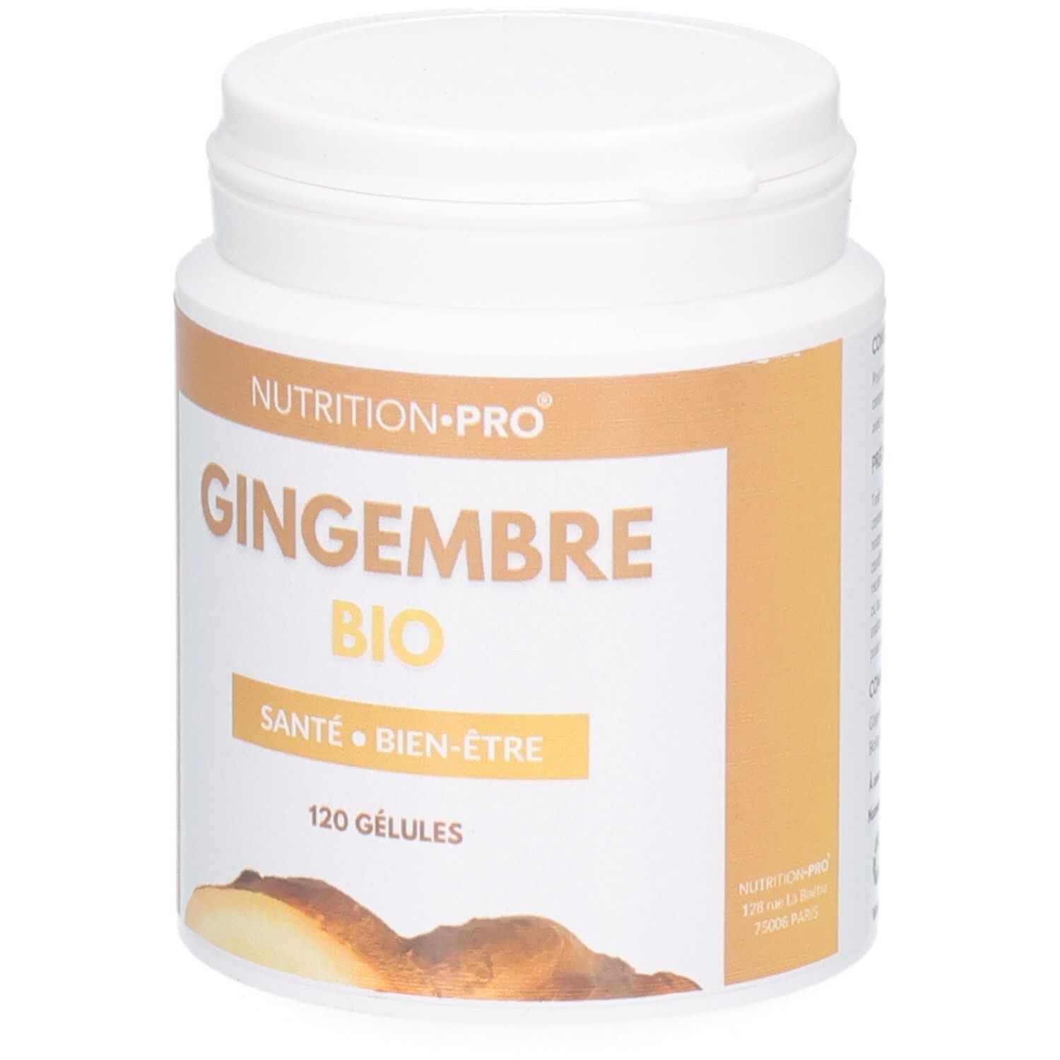 Pot blanc avec couvercle. Inscription: GINGEMBRE BIO, SANTE BIEN-ÊTRE, 120 GÉLULES. Image du produit.