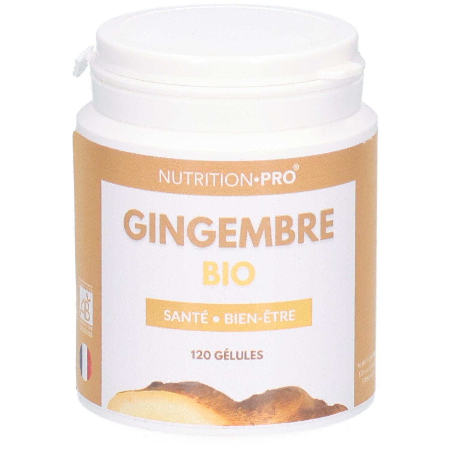 Pot blanc avec couvercle. Inscription: GINGEMBRE BIO, SANTE BIEN-ÊTRE, 120 GÉLULES. Drapeau français.