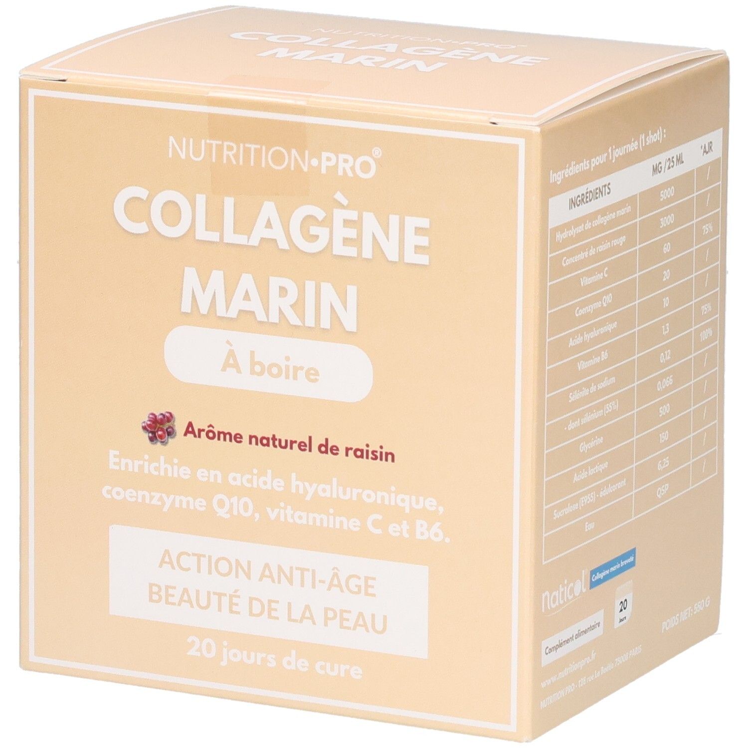 Boîte de collagène marin à boire goût raisin, 20 shots.